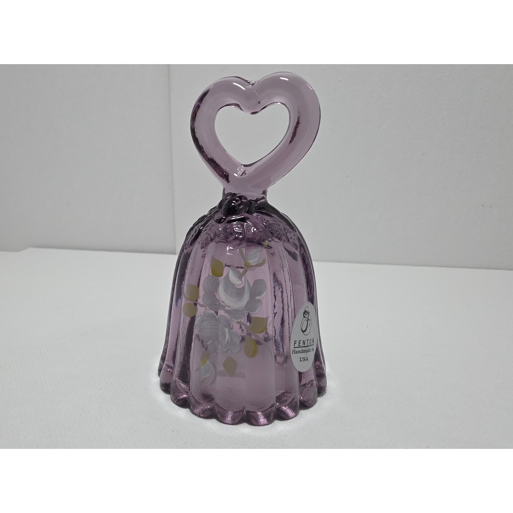 Fenton Amethyst Glass Heart Handle Bell Hand Painted Floral Signed A. Farley